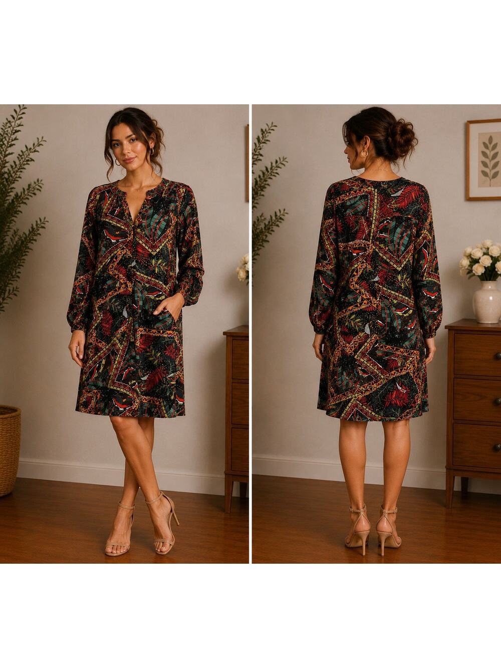 Tropical Tribal Print High Low Dress Women’s Large